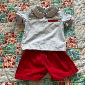 Classic Peter Pan Collar Two-Piece Outfit in White, Blue and Red